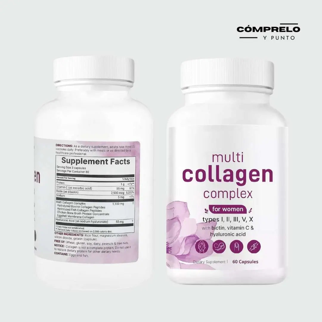 Multicolágeno ✨ 5 tipos de colágeno, biotina, vitamina C y ácido hialurónico. 🌿 Hecho en EE.UU., alta pureza