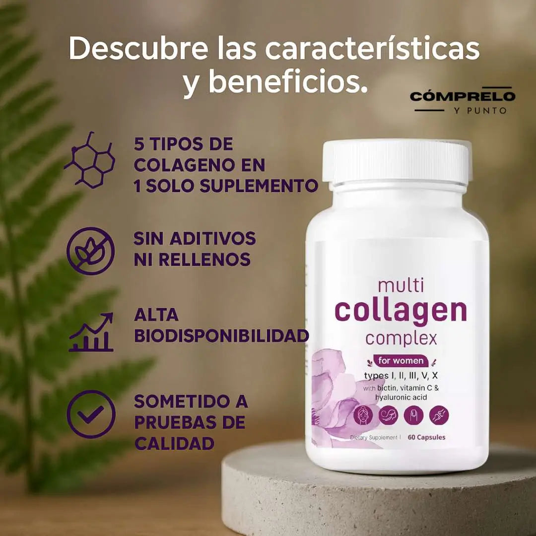 Multicolágeno ✨ 5 tipos de colágeno, biotina, vitamina C y ácido hialurónico. 🌿 Hecho en EE.UU., alta pureza